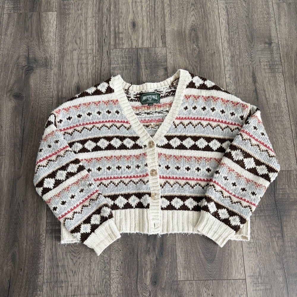 American Eagle Outfitters Sweater Womens Small‎ Fair Isle Cardigan FLAWS